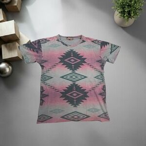 Vintage VAVA Southwestern Geometric Print T-Shirt Grey Pink Y2K Skater Size M